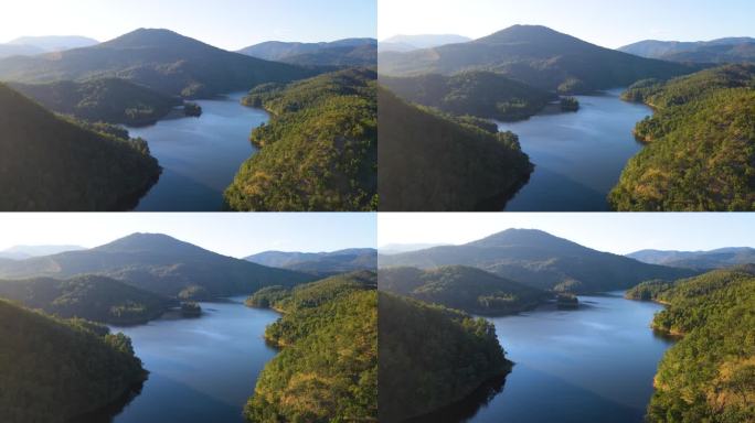 4K 风景秀丽的梅阿尔布水库和山脉与天空相映衬，泰国