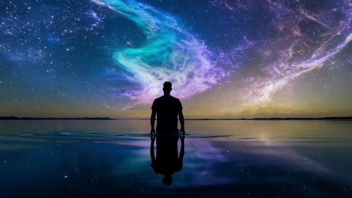 商人站水里眺望星空