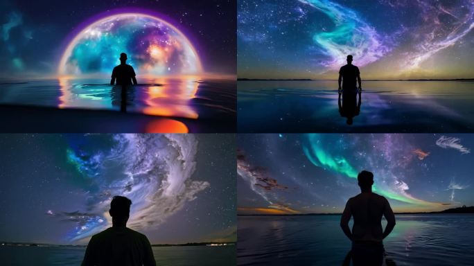 商人站水里眺望星空