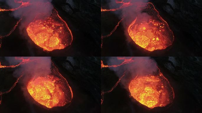 从冰岛雷克雅那半岛的火山口后缘拍摄的高角度照片显示了法格拉达斯火山的喷发