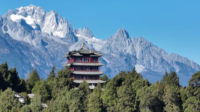 云南丽江古城万古楼阁楼雪山航拍