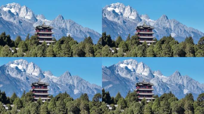 云南丽江古城万古楼阁楼雪山航拍