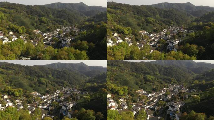 杭州浙江省西湖附近的茶山和村庄的鸟瞰图。