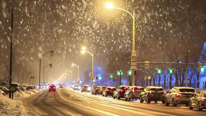 城市街道夜晚下雪 下雪天路况  暖色灯光