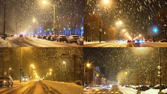 城市街道夜晚下雪 下雪天路况  暖色灯光