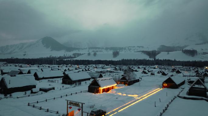 冬天喀纳斯禾木村雪景航拍