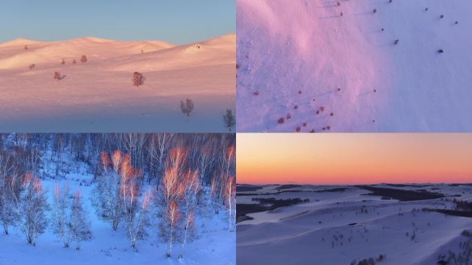 大兴安岭丘陵地带白桦雪山晚霞暮色