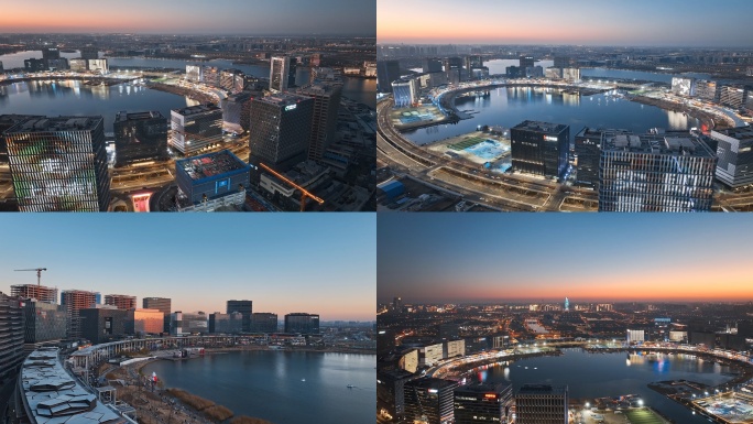 4K航拍郑州北龙湖金融岛夜景日落