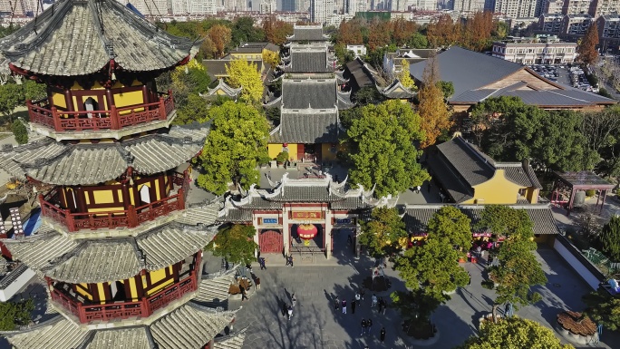 航拍4K上海龙华寺清晨多景别视频合集