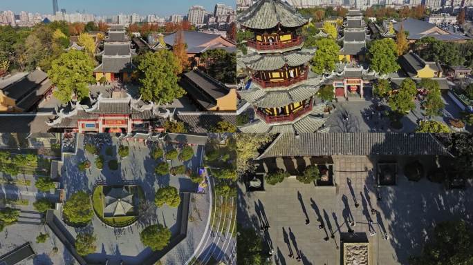 航拍4K上海龙华寺清晨多景别视频合集