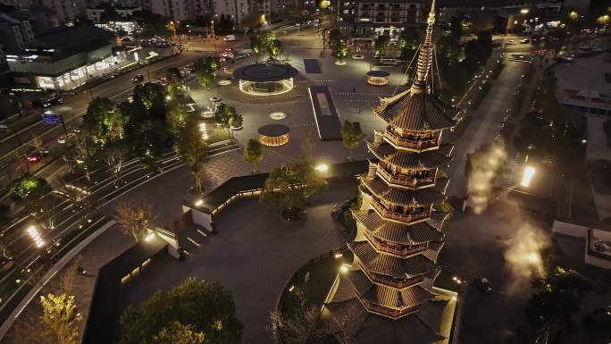 航拍4K上海龙华寺夜景多景别视频合集