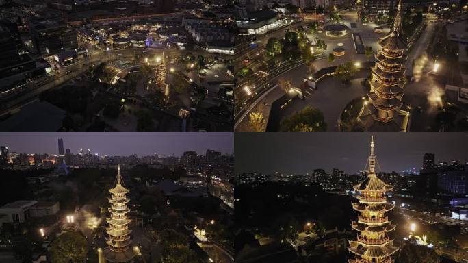 航拍4K上海龙华寺夜景多景别视频合集