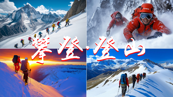团队徒步攀登雪山登顶登山勇攀高峰雪山攀登