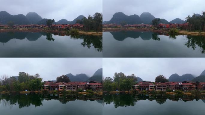 湖面倒影下的一排排民宿 酒店