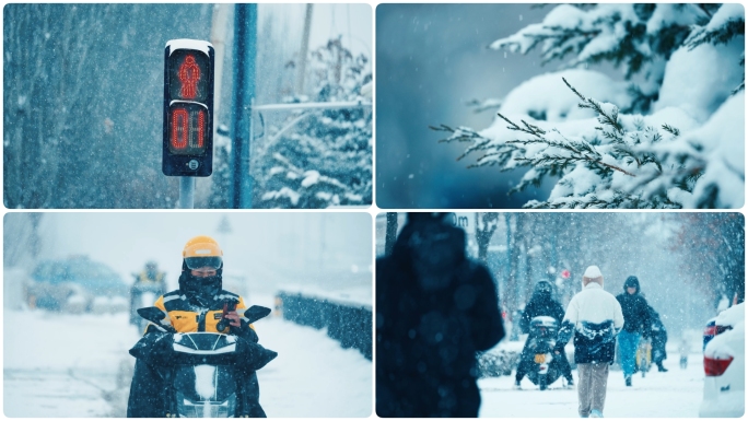 下雪天雪中出行人各行各业艰苦奋斗唯美升格