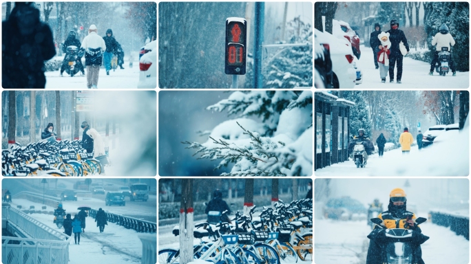 下雪天雪中出行人各行各业艰苦奋斗唯美升格