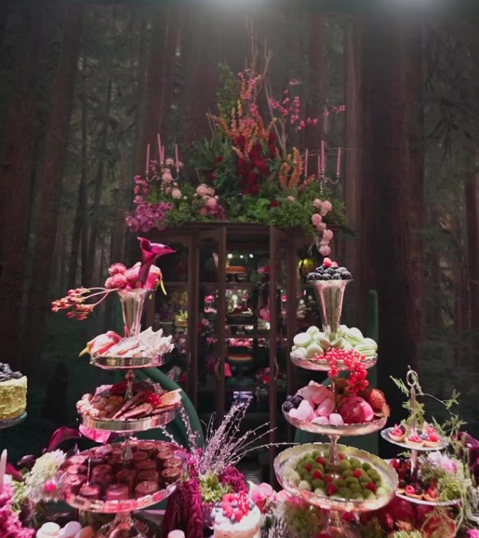 一张装饰着花朵的桌子上摆放着不同的甜点盘，镜头推进。