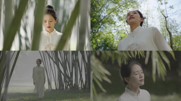 竹林里美女愉悦行走奔跑