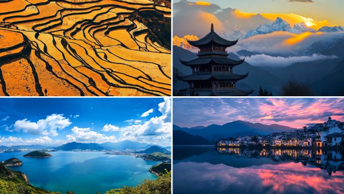 美丽云南自然风光航拍雪山洱海大理旅游云南