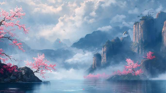 国风世外桃源水彩风景画背景
