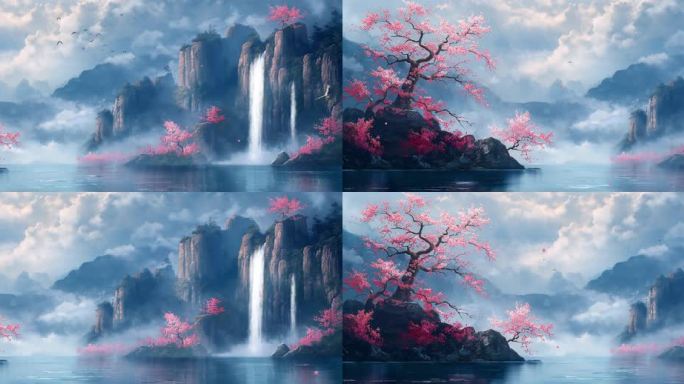 国风世外桃源水彩风景画背景