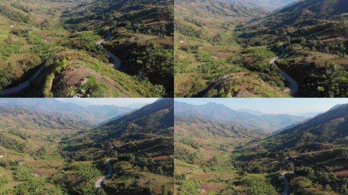 越南蜿蜒山路和山谷的鸟瞰图。