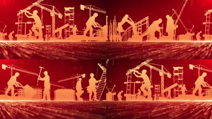8k建筑工人劳动剪影 五一劳动节舞台背景