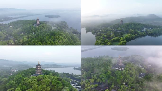 航拍水墨西湖烟雨江南