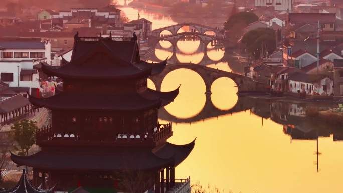 湖州双林三桥夕阳晚霞