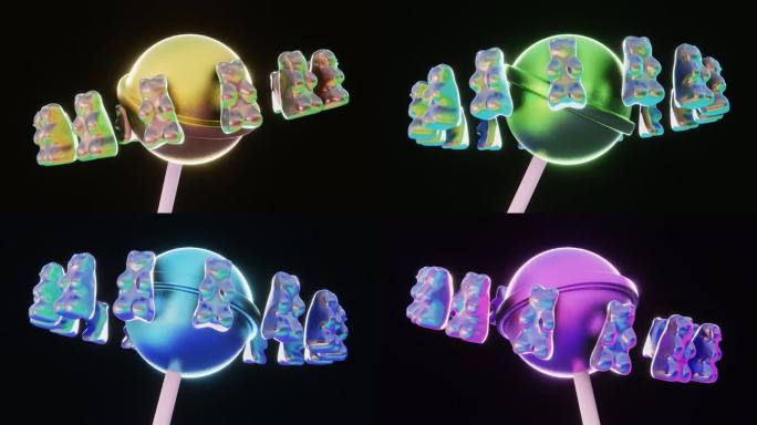 3D壁纸：一个闪闪发光的棒棒糖和一个旋转的橡皮糖熊链条。黑色背景上的明亮彩虹渐变。卡通复古风格的迪斯