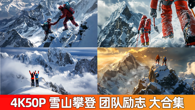 团队徒步励志攀登雪山奋斗登顶登山勇攀