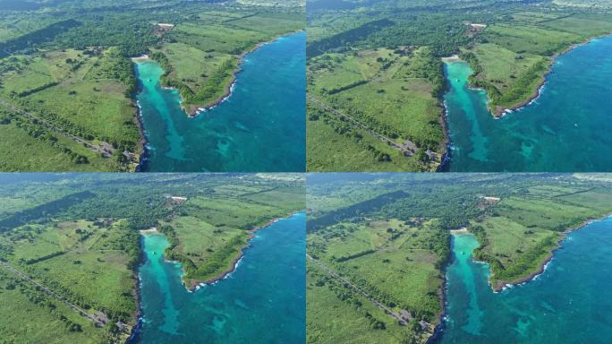 从空中俯瞰多米尼加共和国隐秘的PLAYA DIAMANTE海滩，阳光明媚的日子。夏季的异域风光。