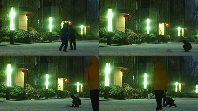 万家灯火小区团圆热闹小孩玩耍雪地打闹