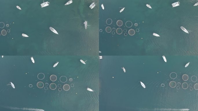 西班牙安德拉特港的海洋鱼场和船只的鸟瞰图。