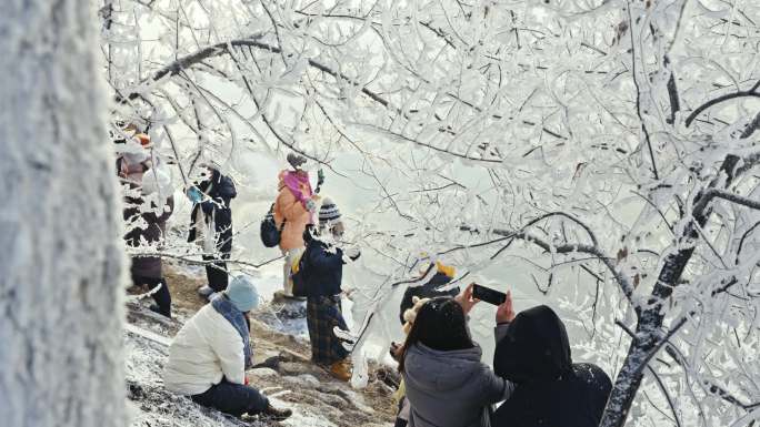 东北冬天旅游素材冰雪童话雾凇仙境游客江边