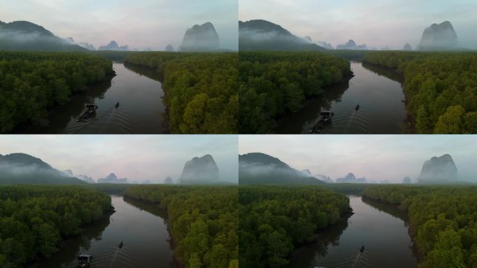 攀牙湾的鸟瞰图，水路通向大海，环绕着日出下的绿色山脉。