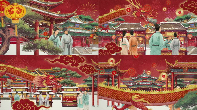 中国风动画片头 新春元宵灯会市集