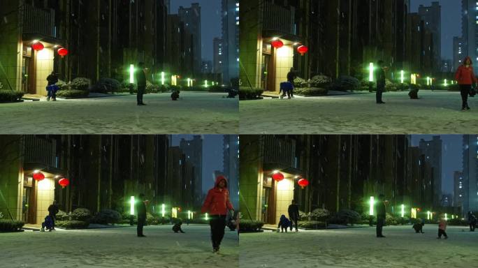 万家灯火小区团圆热闹小孩玩耍雪地打闹