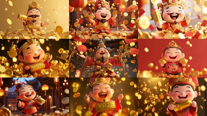 财神爷财神撒金币春节财神卡通财神