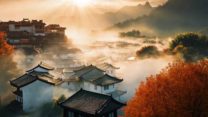 婺源篁岭美丽乡村晨雾