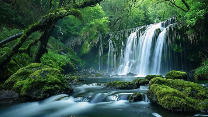森林山谷溪水瀑布水流山泉水
