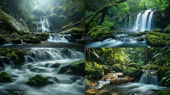 森林山谷溪水瀑布水流山泉水