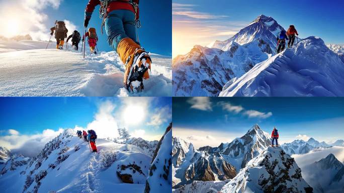 雪山团队攀爬成功挑战登峰登顶