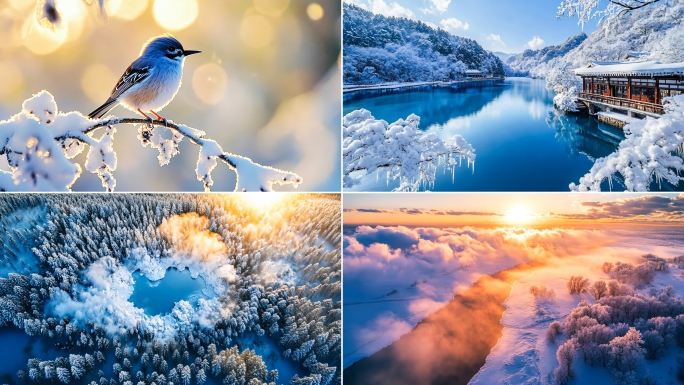 小寒大寒节气唯美雪景空镜冬天梅花雾凇航拍