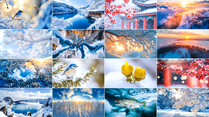 小寒大寒节气唯美雪景空镜冬天梅花雾凇航拍