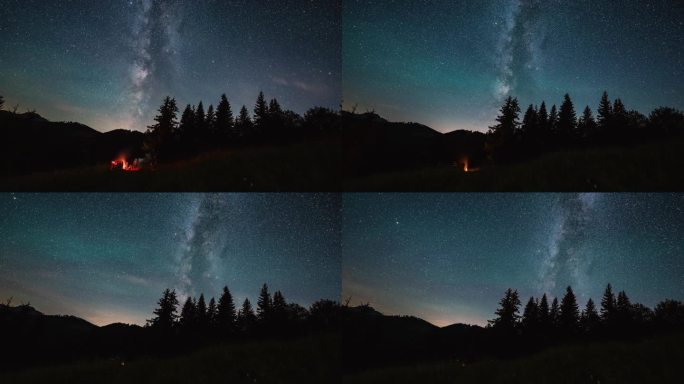 一群朋友坐在星空下的篝火旁，银河系的延时摄影。