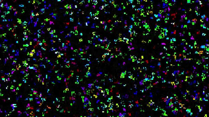 霓虹闪烁马赛克形状转场，黑色背景配以闪光灯效果。