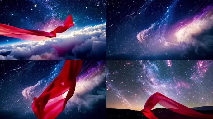 千里江山一点红 星空宇宙 红丝绸云中飘动