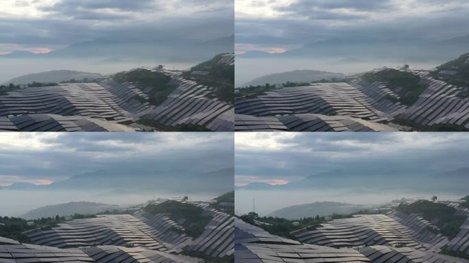 清晨，山顶上的太阳能光伏电站