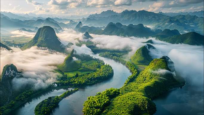 广西桂林山水风光风景航拍日出云海日落宣传